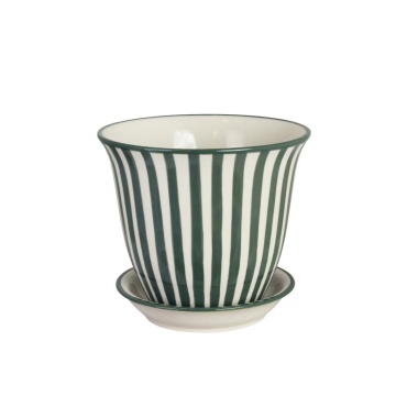 Ghiveci din ceramică pictat manual cu dungi, Ø 19 x H 16 cm, verde închis, „Miriam"