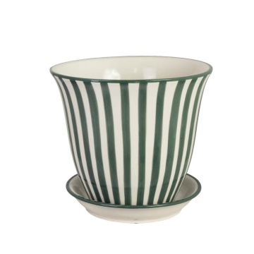 Ghiveci din ceramică pictat manual cu dungi, Ø 22 x H 18,5 cm, verde închis „Miriam"