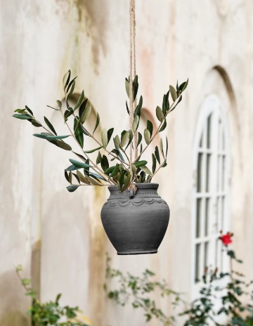 Ghiveci suspendat din lut, sculptat manual, negru, Ø 12,5 x H 12,5 cm, „Hanging Planter Black" - Img 2