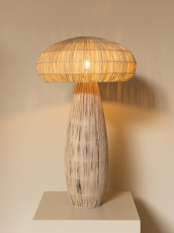 Lampă de masă ciupercă mare din rafie naturală, bej, cu structură din fier, 87 x 52 cm, „Mushroom” - Img 3