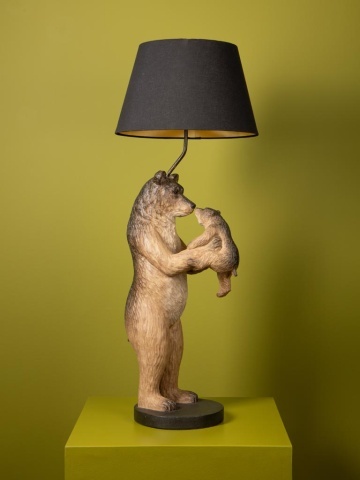 Lampă de masă din rășină maro, urs cu pui, abajur din bumbac negru, finisaj patinat, 93 x 36 cm, „Grizzly” - Img 6