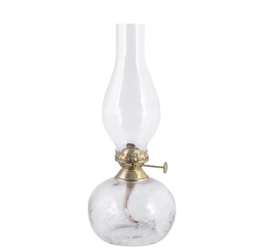 Lampă vintage cu petrol din sticlă transparentă, cu motive de frunze gravate și arzător din alamă, formă ovală, 11×28 cm, „Kerosene"