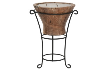 Lumânare decorativă din lemn masiv cu suport din fier forjat negru, 3 fitile, 45×45×65 cm, pentru terasă și exterior, „Chalice"