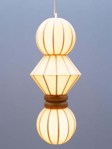Lustra suspendată din bumbac și in, natur, cu structură din lemn, formă geometrică, 95x38 cm, „Lumea" - Img 2