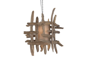 Lustră suspendată din rădăcină de tec reciclat și in, maro, finisaj natural, 79 x 50 cm, „Coucy” - Img 2