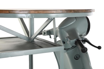 Masă consolă industrială din metal și lemn de mango, verde, cu blat rotund, 3 rafturi și formă de motocicletă, 111 x 116 x 72 cm, „Dusty Mint” - Img 5