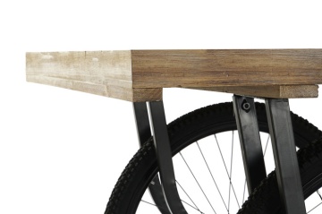 Masă consolă industrială vintage din lemn cu structură din metal și roți de bicicletă, 160×80×75 cm, „Market" - Img 3