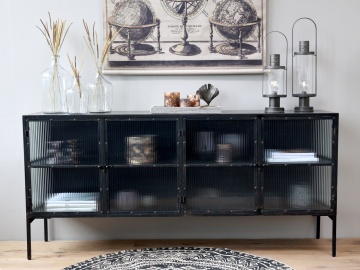 Masă consolă vintage industrială din metal, negru, cu 4 uși din sticlă canelată și rame nituite, 94 x 200 x 43,5 cm, „Verriere” - Img 4