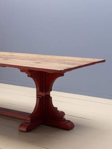 Masă de dining din lemn reciclat, cu blat patinat natur și bază sculptată roșu cărămiziu, finisaj vintage, 240×100×76 cm, „Redwood" - Img 4