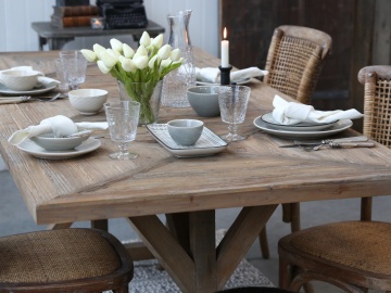 Masă dining din lemn reciclat, natur, 10 locuri, cu bază în formă de capră, 77 x 200 x 90 cm, „Old French” - Img 5
