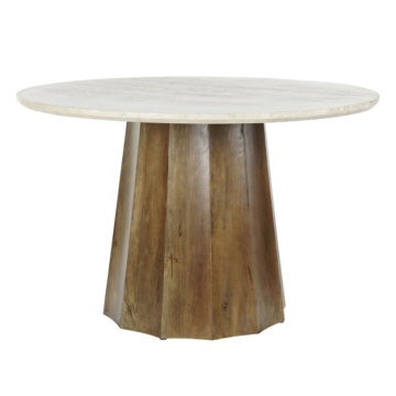 Masă dining rotundă din lemn de mango, natur, 4–5 locuri, cu blat din marmură și picior central, 78 x 120 cm, „Elaris”