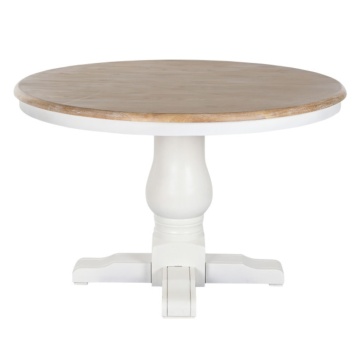 Masă dining rotundă din lemn de ulm, natur, 4–5 locuri, cu picior central strunjit, 76 x 120 cm, „Amely”