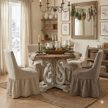 Masă dining rotundă din lemn, natur, 4–5 locuri, cu picior central în volute, finisaj antichizat, 85 x 120 cm, „Aimée” - Img 2