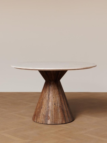 Masă dining rotundă din lemn reciclat, alb, 4–5 locuri, cu blat din marmură și picior central, 78 x 120 cm, „Alba” - Img 2