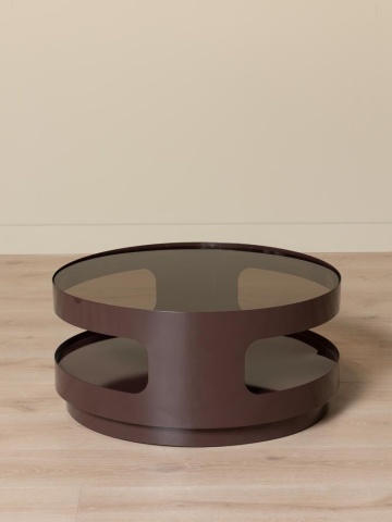 Măsuță de cafea din sticlă și metal, rotundă, cu structură cilindrică și decupaje laterale, maro antichizat, finisaj mat, 70×32 cm, „Onyru" - Img 6