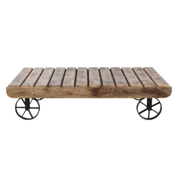Măsuță de cafea dreptunghiulară din lemn de mango, natur, cu blat din lamele, pe roți, finisaj mat, 32 x 130 x 80 cm, „Rolven” – Ethnic Collections