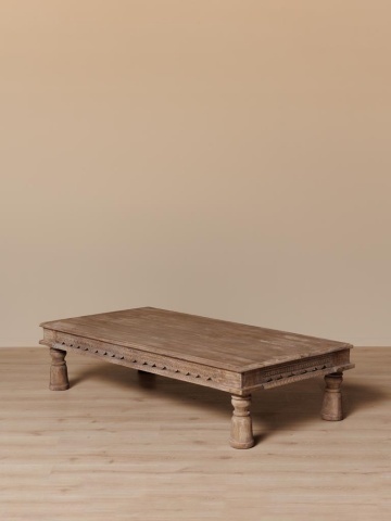 Măsuță de cafea dreptunghiulară din lemn de mango sculptat manual, natur, cu picioare strunjite, finisaj patinat, 45 x 188 x 95 cm, „Mia” - Img 2