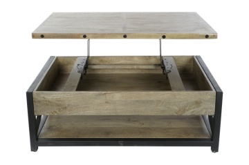 Măsuță de cafea dreptunghiulară din lemn de mango și metal, natur și negru, cu blat ridicabil și raft, 44 x 116 x 74 cm, „Barlow” – Ethnic Collections - Img 4