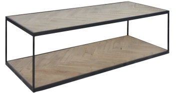 Măsuță de cafea dreptunghiulară din lemn reciclat și metal, natur și negru, cu model în spic și raft, 37 x 120 x 50 cm, „Versailles” - Img 4