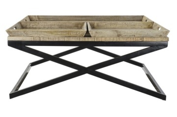 Măsuță de cafea pătrată din lemn și metal, natur și negru, cu 3 tăvi detașabile și bază în X, 55 x 120 x 120 cm, „Traywood” – Ethnic Collections
