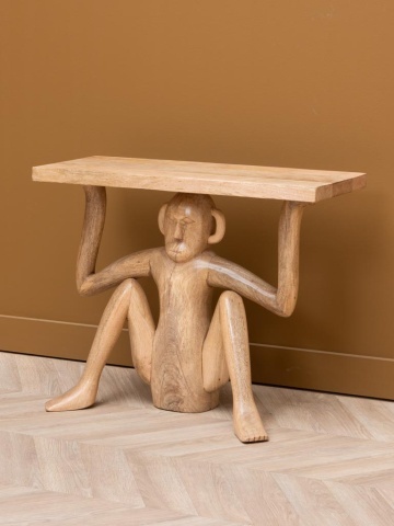 Măsuță laterală din lemn masiv de mango, natur, cu blat dreptunghiular susținut de o sculptură de maimuță cioplită manual, finisaj natural, 61×29×30,5 cm, „Atlas" - Img 4