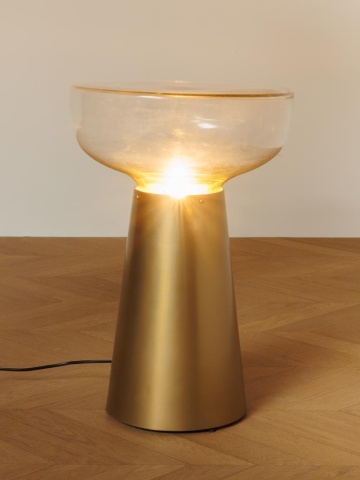 Măsuță laterală iluminată rotundă din metal și sticlă, auriu, cu blat în formă de cupă și bază conică, 56 x 37 cm, „Marvela” - Img 3