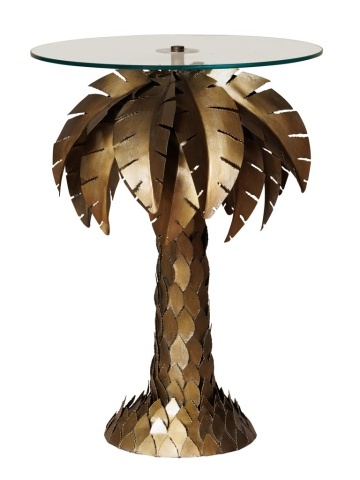 Măsuță laterală înaltă din metal, auriu, cu blat rotund din sticlă și bază în formă de palmier, finisaj antichizat, 73 x 53 cm, „Palm”