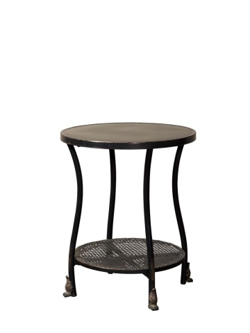 Măsuță laterală rotundă din metal, negru, cu raft perforat și picioare cu labe turnate, finisaj antichizat, 60 x 50 cm, „Henri”