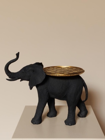 Măsuță laterală sculptată în formă de elefant, negru, cu tavă rotundă aurie, 45,5 x 55,5 x 28,5 cm, „Elephant” - Img 4