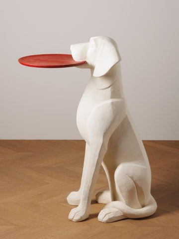 Măsuță laterală sculptată înaltă în formă de câine, alb, cu blat rotund roșu ținut în bot, 77 x 60 x 30 cm, „White Dog” - Img 3