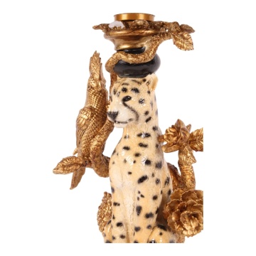 Măsuță laterală sculptată rotundă, auriu și negru, cu bază în formă de leopard și blat din sticlă, 51,5 x 40 cm, „Léopold” - Img 3