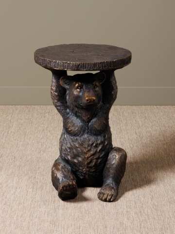 Măsuță laterală sculptată rotundă, maro, cu bază în formă de urs și blat cu aspect de trunchi tăiat, finisaj patinat, 54 x 37 cm, „Grizzly” - Img 2