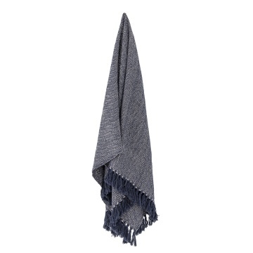 Patura din bumbac reciclat, albastru, model în spic în tonuri natur, franjuri decorative, finisaj țesut, 160 x 130 cm, „Herringbone” - Img 4