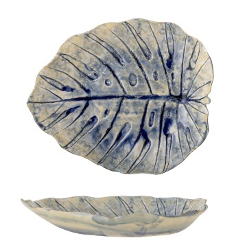 Platou de servire din ceramică, în formă de frunză, natur cu detalii albastre în relief, „Rowan", 32,5 x 26,5 x 4,5 cm