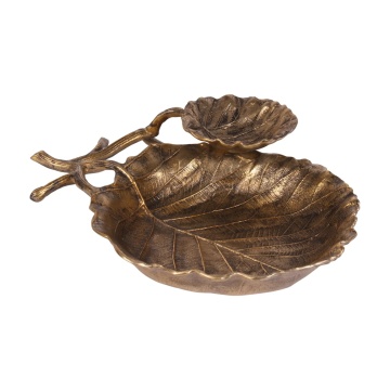 Platou decorativ din aluminiu, auriu, formă de frunză, finisaj antichizat, 11 x 44 x 38 cm, „Feuillage”