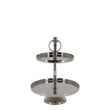 Platou servire din aluminiu cu 2 tăvi rotunde, finisaj argintiu, H35 cm, Ø25,5 cm