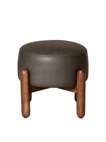 Puf rotund din piele naturală gri, cu patru picioare din lemn de acacia maro închis, stil Japandi, 43 x Ø 56 cm, „Olga”