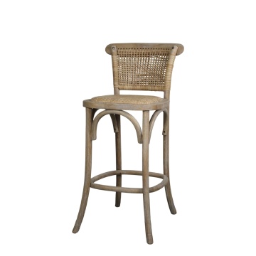 Scaun de bar cannage pentru insulă din lemn de hevea și ratan, natur, cu suport inelar pentru picioare, 92 x 40 x 45 cm, „Old French”