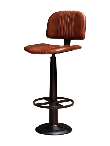 Scaun de bar cu spătar în stil industrial, din piele naturală și metal, maro, cu picior central și inel pentru picioare, 102 x 42 x 48 cm, „Cleveland”