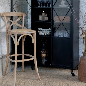 Scaun de bar din lemn de mango și ratan, natur, cu spătar în X și suport inelar pentru picioare, 103 x 51 x 44 cm, „Old French” - Img 2