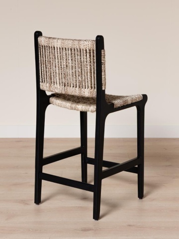 Scaun de bar împletit cu spătar din lemn de acacia și lână, negru, cu traverse pe două niveluri, 100,5 x 45 x 51,5 cm, „Ovira” - Img 3