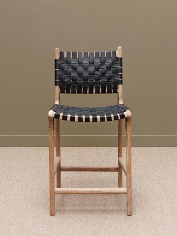Scaun de bar împletit pentru insulă din piele naturală și lemn de acacia, negru, cu spătar și suport pentru picioare, 97 x 50 x 53 cm, „Mixing” - Img 6
