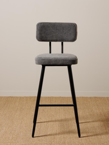Scaun de bar tapițat din bumbac gri și fier negru, cu spătar dreptunghiular și suport pentru picioare, aspect stonewashed, 105 x 48 x 48 cm, „Fairfax” - Img 3