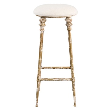 Scaun de bar vintage din metal și stofă, maro, cu șezut rotund și picioare cu capiteluri, finisaj antichizat, 78 x Ø 34 cm, „Rosalie” - Img 3