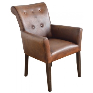 Scaun dining cu brațe capitonat din piele naturală și lemn de fag, maro, cu spătar rulat și brațe pline, finisaj patinat, 92 x 65 x 74 cm, „Cambridge” - Img 2
