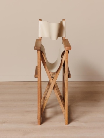 Scaun dining cu brațe din piele naturală și lemn de mango, crem, cu cadru în X și ținte aurii, pliabil, 82 x 57 x 50 cm, „Woody” - Img 6