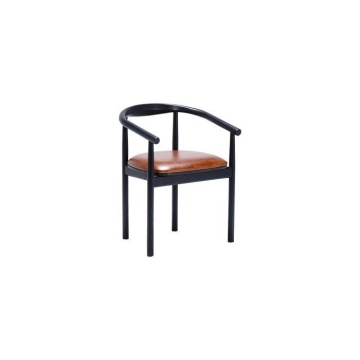 Scaun dining cu brațe din piele naturală și lemn de stejar, maro, cu spătar curbat continuat în brațe și picioare negre, 74 x 57 x 53 cm, „Serenity” - Img 2