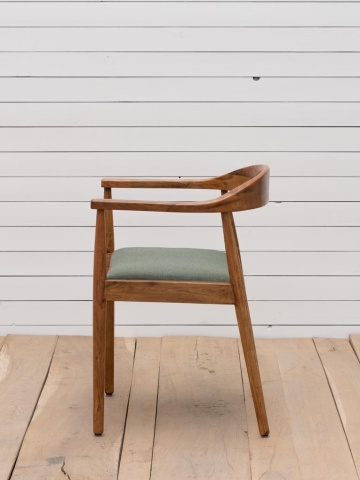 Scaun dining cu brațe tapițat din lemn de acacia, bumbac și in, verde, cu spătar arcuit și brațe late, 76 x 55 x 52 cm, „Kenzie” - Img 4