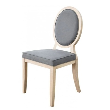 Scaun dining tapițat French Country din lemn de fag și stofă, gri, cu spătar oval medalion, finisaj patinat, 97 x 55 x 51 cm, „Medaillon”
