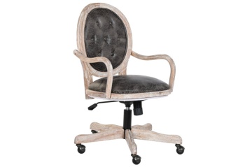 Scaun vintage de birou din piele ecologică maro închis cu roți și înălțime reglabilă, lemn cu finisaj alb antichizat, „Régent"